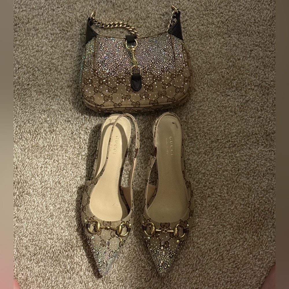 Beige Monogram Bag and Heels with Gold Accents